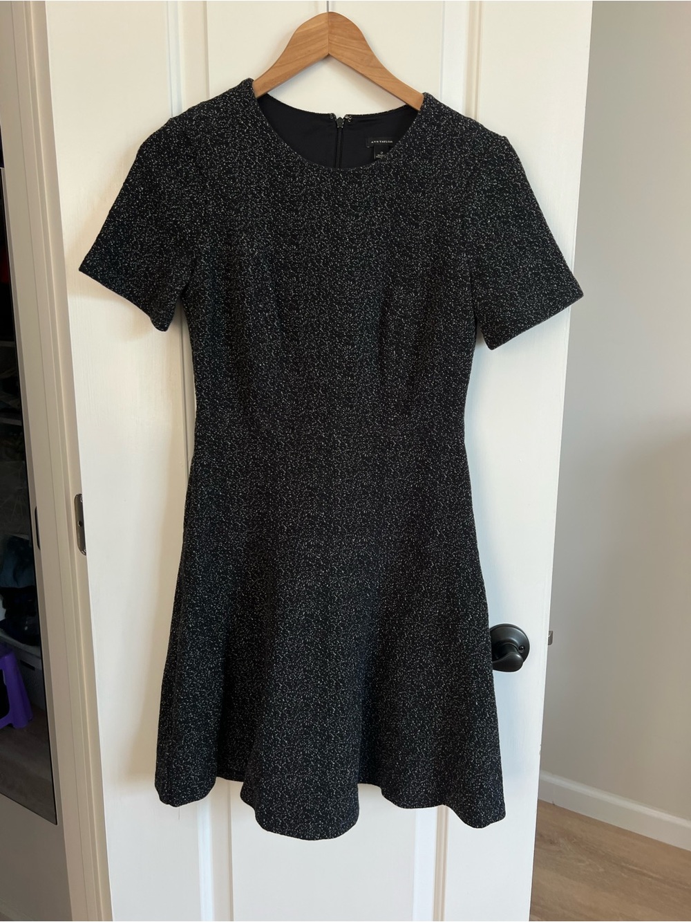 Ann Taylor Black Sparkle Fit-and-Flare Short Sleeve Dress